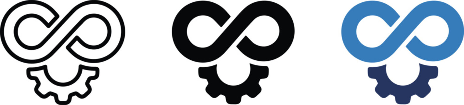 DevOps infinity loop vector icon variants in black and blue flat style, editable continuous integration and deployment symbols collection for software development dashboards and IT platforms