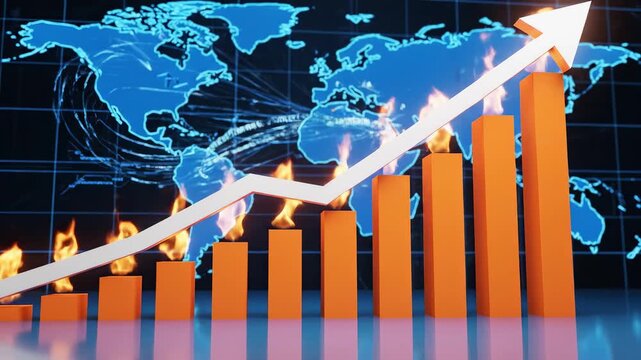 Bar chart with rising arrow and world map emphasizing professional collaboration and teamwork
