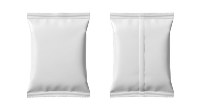 Blank white snack food bag mockup showing front and back view isolated on transparent background