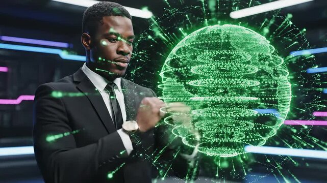 Man in suit interacting with digital globe symbolizing digital transformation and future innovation