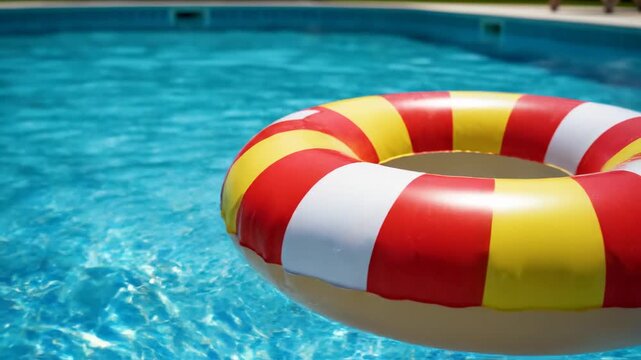 Inflatable swim ring with red white and yellow stripes floating on bright blue swimming pool water, sunny day recreation and summer fun