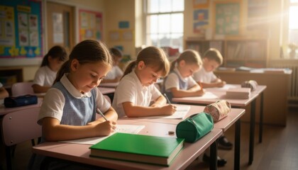 Obraz premium Row of young children sitting at desks in a school classroom studying for education marketing, primary school curriculum advertising and literacy campaign posters