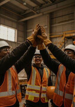 Group of diverse industrial workers joining gloved hands in celebration at a warehouse worksite for team achievement, workforce culture and safety training visuals