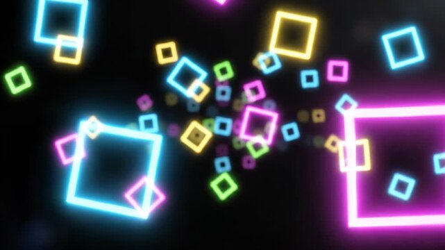 Abstract glowing neon squares animation on black background, colorful geometric shapes moving and pulsating, futuristic digital pattern