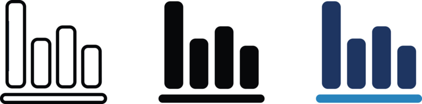 Rounded flat bar graph vector icon set in black and blue style, editable analytics and statistics symbols collection for business dashboards, reports and corporate presentations