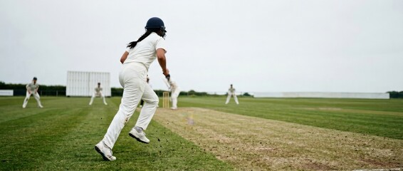 Obraz premium Female Cricketer Running on Pitch During a Match.