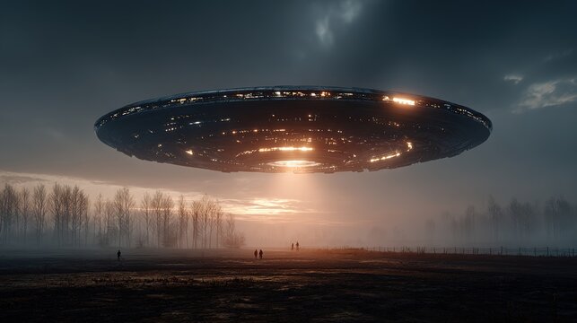 Mysterious UFO sighting with strange flying saucer hovering over rural field, dramatic alien spacecraft landing on earth.