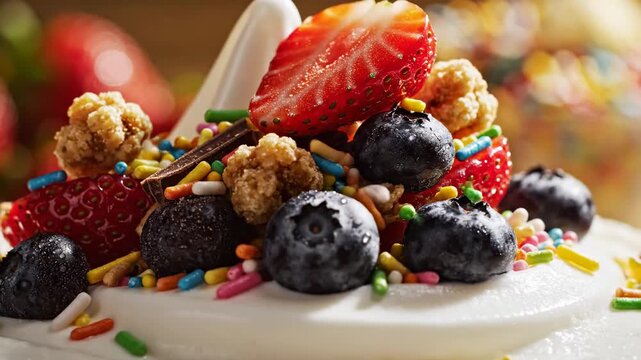 Close up of creamy soft serve ice cream topped with fresh blueberries, sliced strawberries, crunchy granola, and colorful sprinkles, delicious dessert preparation