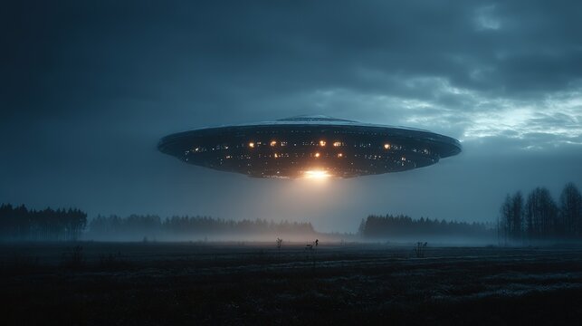 Mysterious UFO sighting with strange flying saucer hovering over rural field, dramatic alien spacecraft landing on earth.