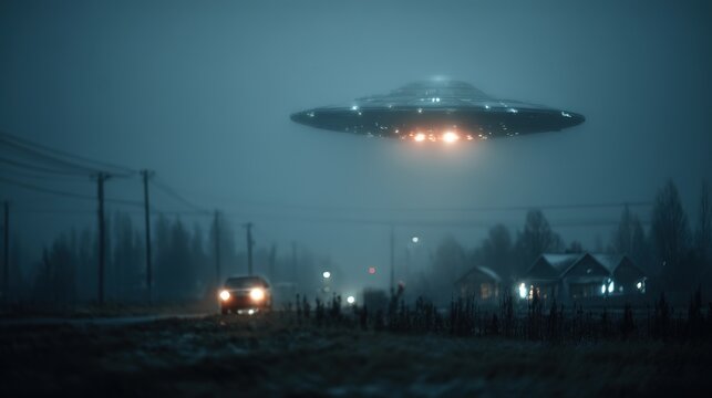 Mysterious UFO sighting with strange flying saucer hovering over rural field, dramatic alien spacecraft landing on earth.