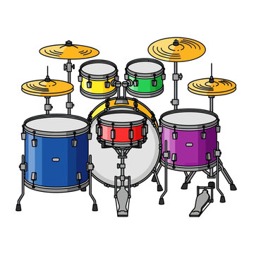 Colorful drum set with cymbals.