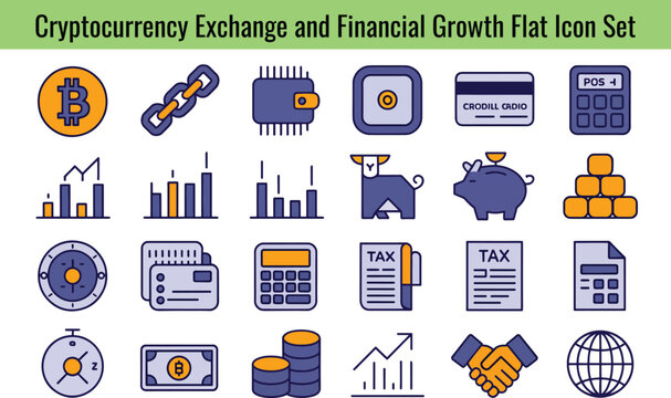 Cryptocurrency exchange and financial growth flat icon set