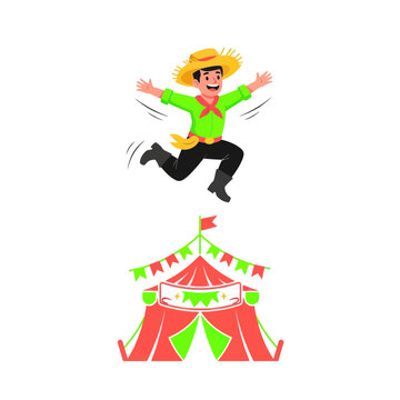 Clown jumping in the air happily.