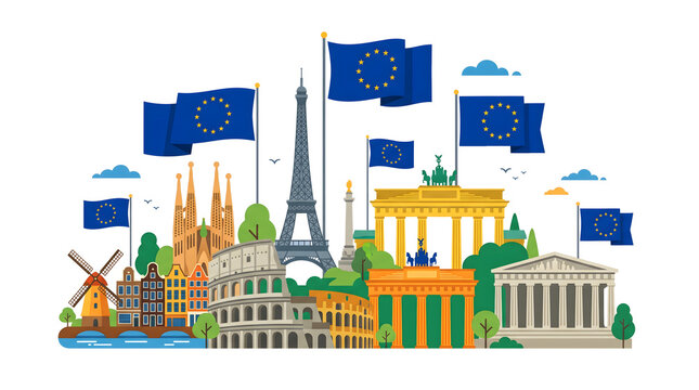Illustration of the European Union flags waving over iconic European landmarks like Eiffel Tower, Colosseum, and Brandenburg Gate, showcasing unity and cultural heritage