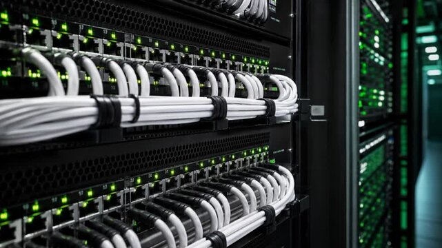 Data center cloud connection network router and switch in modern server room data center. 

