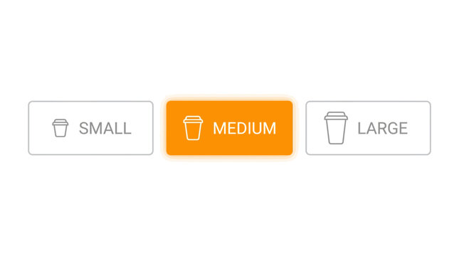 User interface selection for beverage cup sizes, highlighting the medium option with small and large choices
