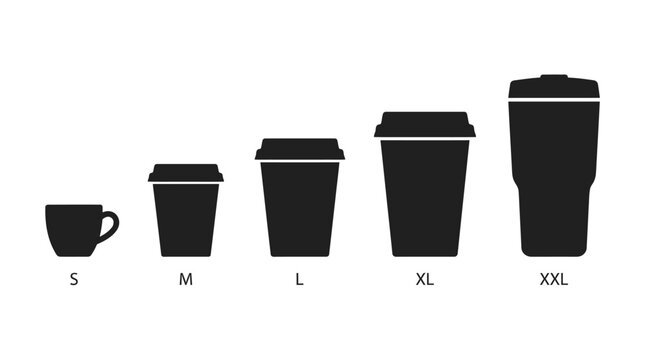 Set of various sized disposable coffee cups with lids, ranging from small to extra-large