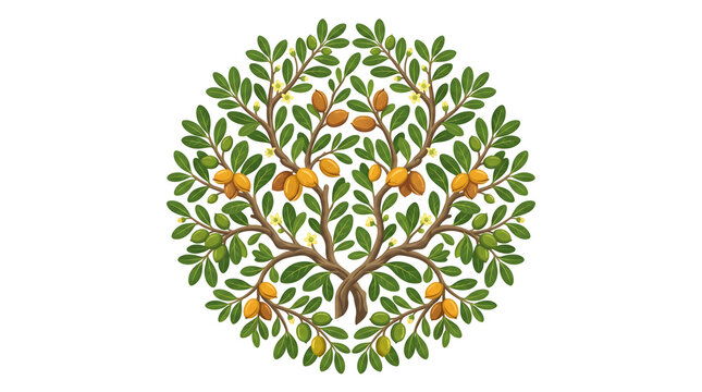 Close-up illustration of argan fruits, leaves, and branches arranged neatly to highlight International Day of Argania and natural resources