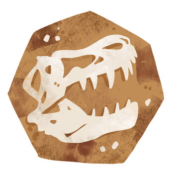 T-rex skull fossil icon on textured stone