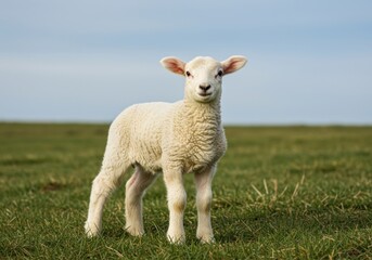 Fototapeta premium Small white lamb standing in a green meadow looking at camera for Easter greeting cards, pastoral livestock and agricultural industry advertising
