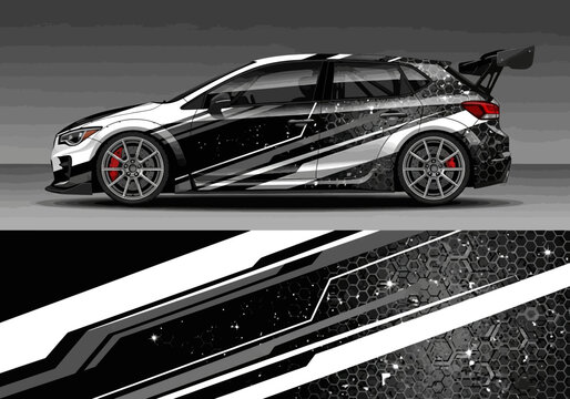 Black and white racing car wrap design for sports hatchback