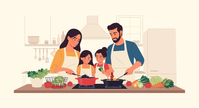 Vector illustration of a family consisting of a father, mother, and two daughters wearing aprons and cooking together in a kitchen with fresh vegetables and pots on a stovetop.