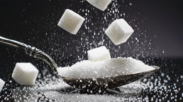 Sugar cubes falling into spoon with granules ideal for sleek commercial backgrounds and title sequences