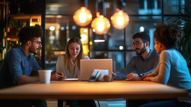 Diverse coworkers collaborating on laptop during office meeting
