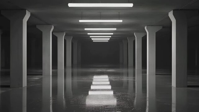 Cinematic underground parking garage with fluorescent lights, dark industrial concrete basement interior, empty brutalist architectural space with reflective wet floor