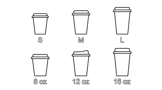 Comparison of Coffee Cup Sizes and Styles Small, Medium, Large, 8 oz, 12 oz, and 16 oz options