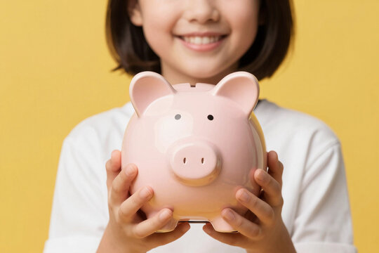 Child holds piggy bank and smiles brightly against yellow background in indoor setting.