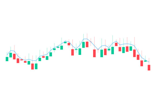 Financial stock market chart with red and green candlestick bars and a blue trend line showing price movement and market volatility for investment and trading analysis data