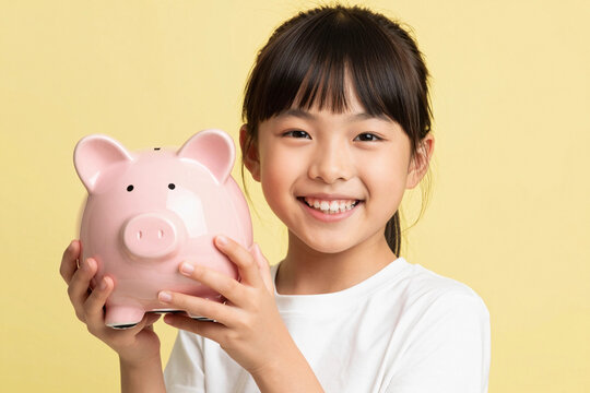 Child holds piggy bank and smiles brightly against yellow background in indoor setting.