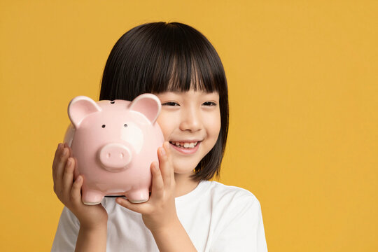 Child holds piggy bank and smiles brightly against yellow background in indoor setting.