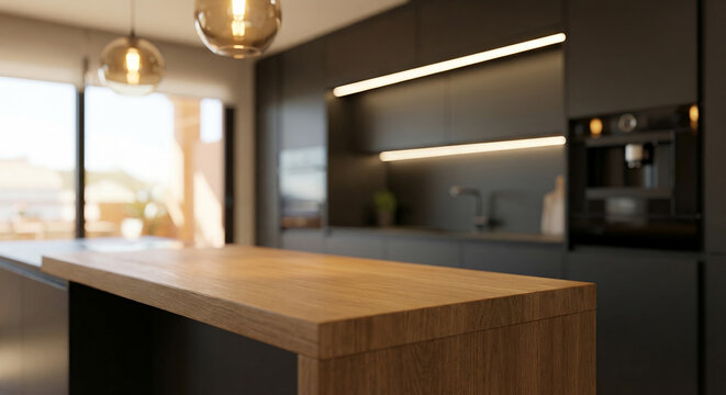A modern kitchen island with a wooden countertop is in the foreground, with dark cabinetry, a built-in coffee machine, and pendant lights visible in the background.