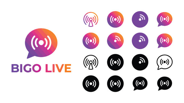 BIGO LIVE - popular social media and live streaming application button icon, official logo of BIGO LIVE. Set of mobile app icons in gradient, black and white line art vector illustrations.