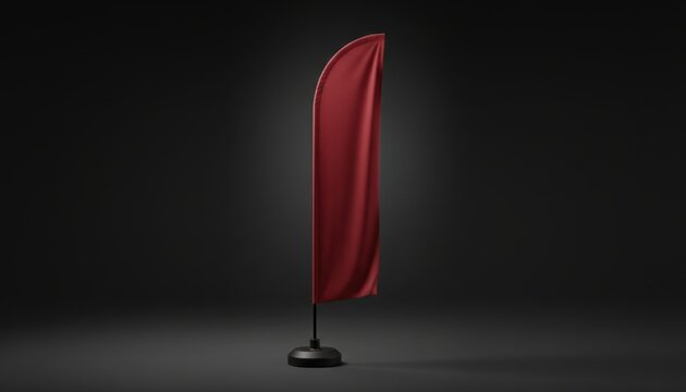 Tall cherry red feather flag standing on a base against a dark background for outdoor event marketing, retail promotion mockup and brand advertising display