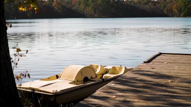 Paddle boat docked at wooden pier on calm lake surrounded by autumn trees, sunny day recreation