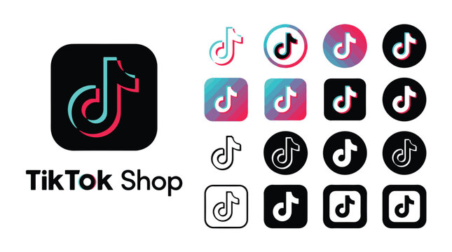 TikTok Shop logo and popular social media icon set. Video sharing platform buttons for mobile apps, website UI design, and digital marketing. Collection of vector symbols in various styles.