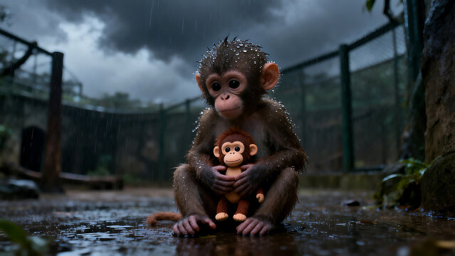 Heartwarming Baby Monkey Cuddles Toy Monkey in Gloomy Enclosure.