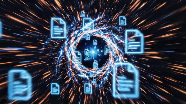 Digital data files in space tunnel symbolizing digital transformation and future innovation