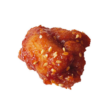 ヤンニョムチキン 1個の切り抜き。韓国風フライドチキン、甘辛タレ、おつまみ・ファストフードの高品質素材 (Yangnyeom chicken 1 piece isolated. Korean fried chicken with spicy sauce for snacks or fast food)