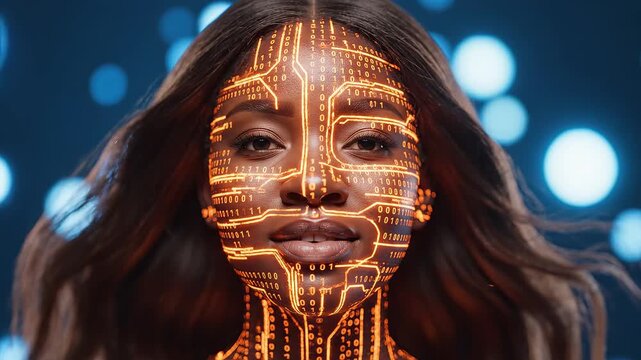 Woman with glowing digital face circuitry emphasizing advanced technology and cybersecurity