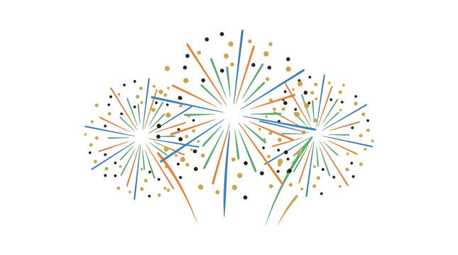 Vibrant abstract fireworks display exploding in a festive celebration, featuring a minimalist flat vector design with colorful bursts
