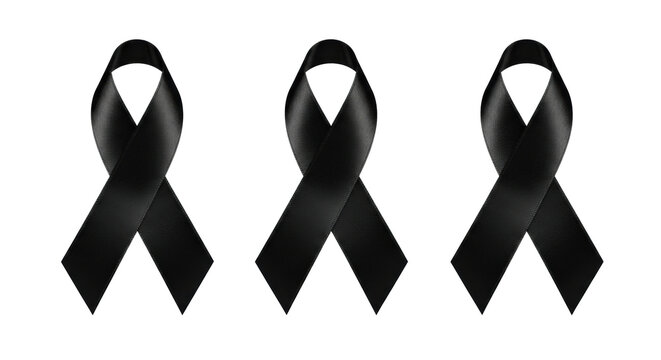 Three black satin awareness ribbons with fine texture and elegant sheen isolated on a transparent background in a macro studio shot mourning and grief concept
