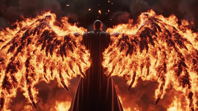 figure with flaming wings in fiery landscape emphasizing natural beauty and pristine environments