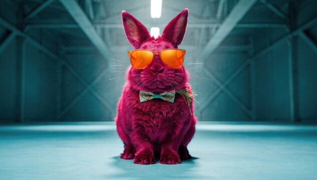Magenta furry rabbit wearing orange sunglasses and a bowtie stands in a blue industrial setting for festive holiday marketing, pet accessory ads and creative campaigns
