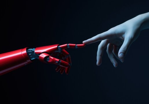 Red robotic arm and human hand touching fingertips for artificial intelligence, futuristic technology and digital transformation concept with dark background copy space