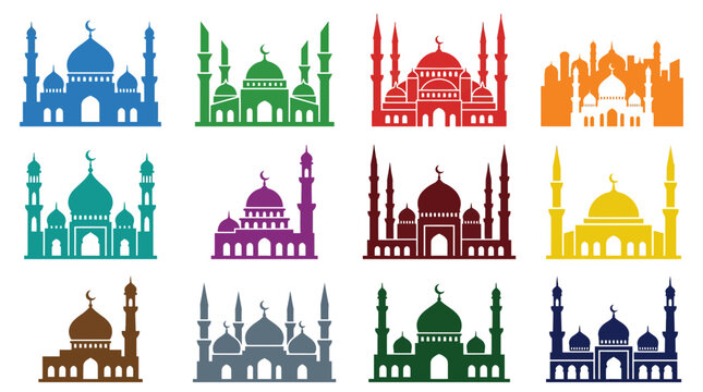 Collection of diverse white mosque icons featuring domes and minarets set against vibrant layered backgrounds