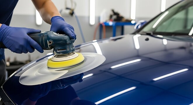 Hands of car service worker with orbital polisher polishing car hood in repair shop. Procedure of detailing and valeting car at the service